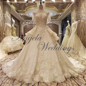 High Neck Beaded Ball Gowns Lace Wedding Dresses with Cap Sleeve