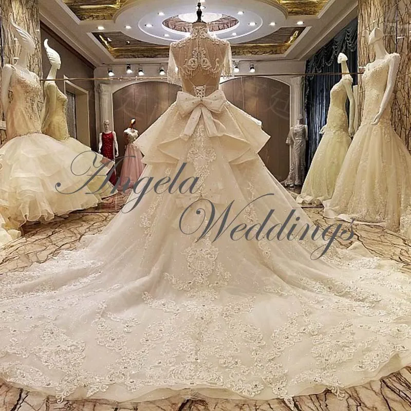 High Neck Beaded Ball Gowns Lace Wedding Dresses with Cap Sleeve