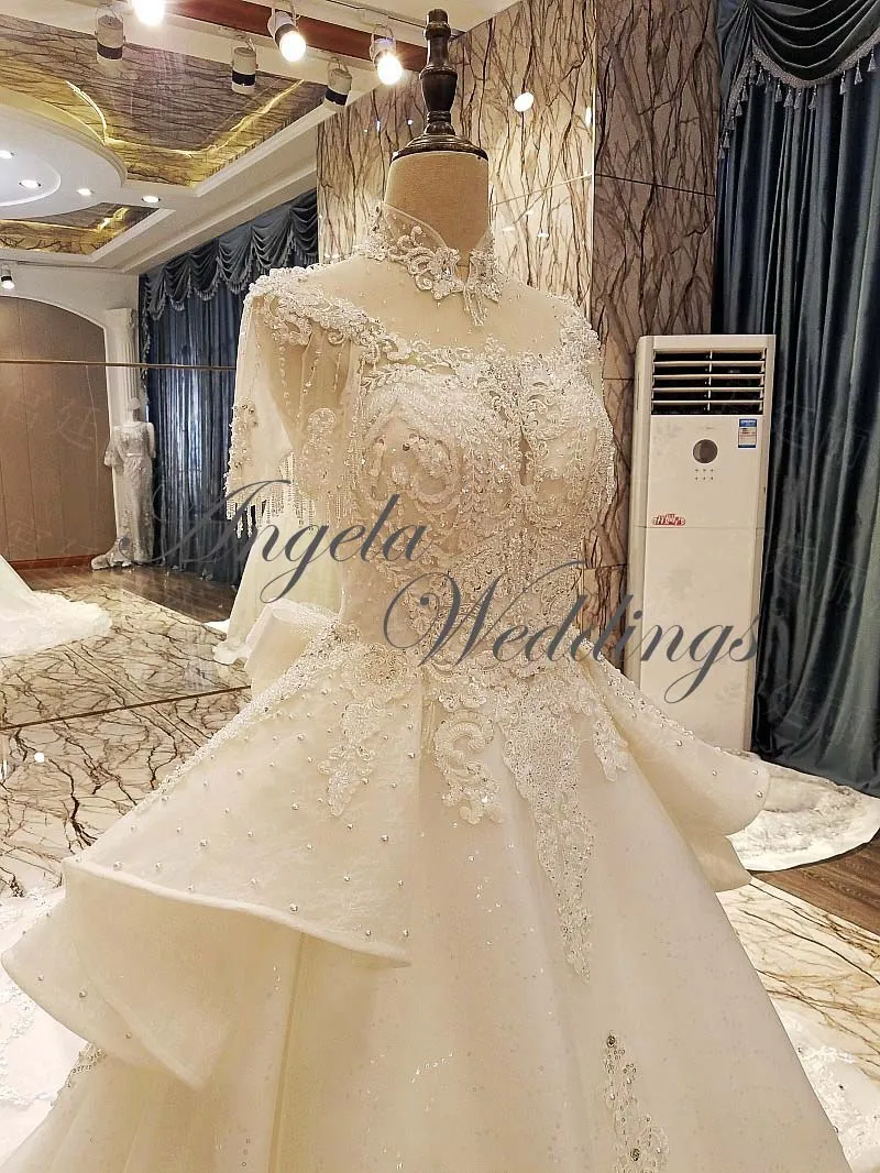 High Neck Beaded Ball Gowns Lace Wedding Dresses with Cap Sleeve