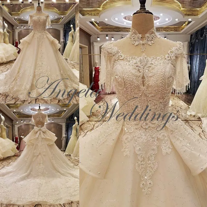 High Neck Beaded Ball Gowns Lace Wedding Dresses with Cap Sleeve