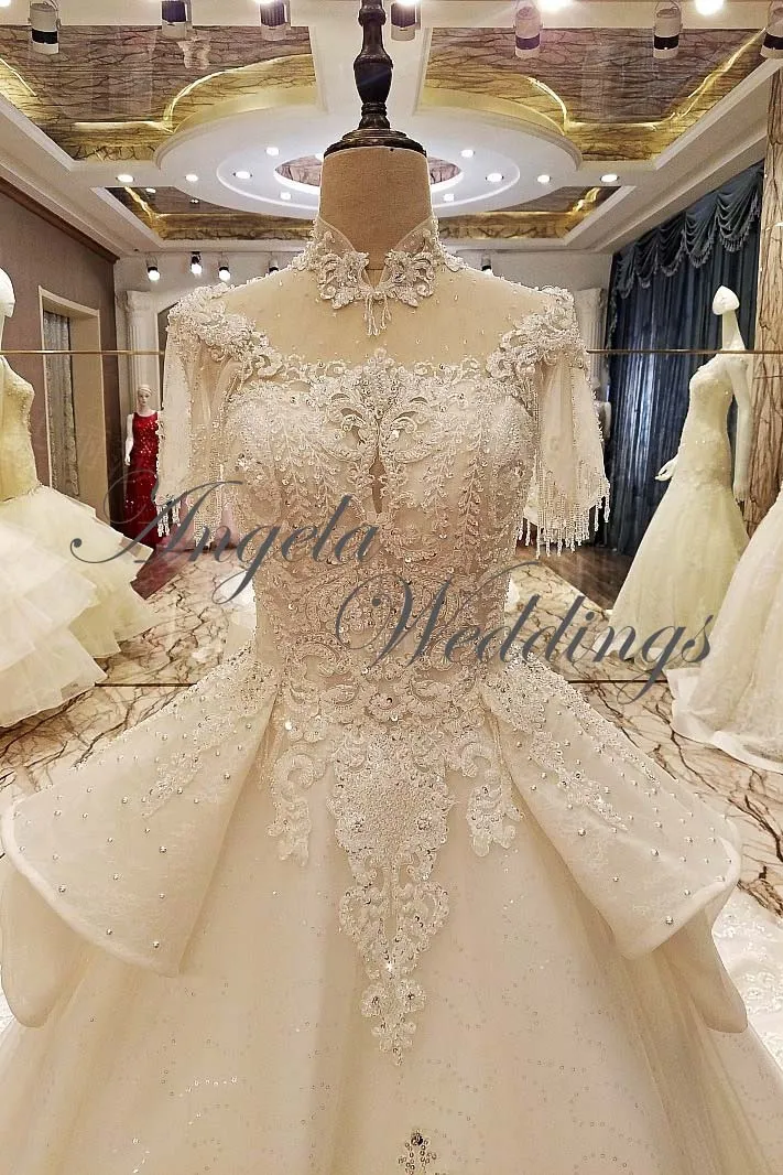 High Neck Beaded Ball Gowns Lace Wedding Dresses with Cap Sleeve