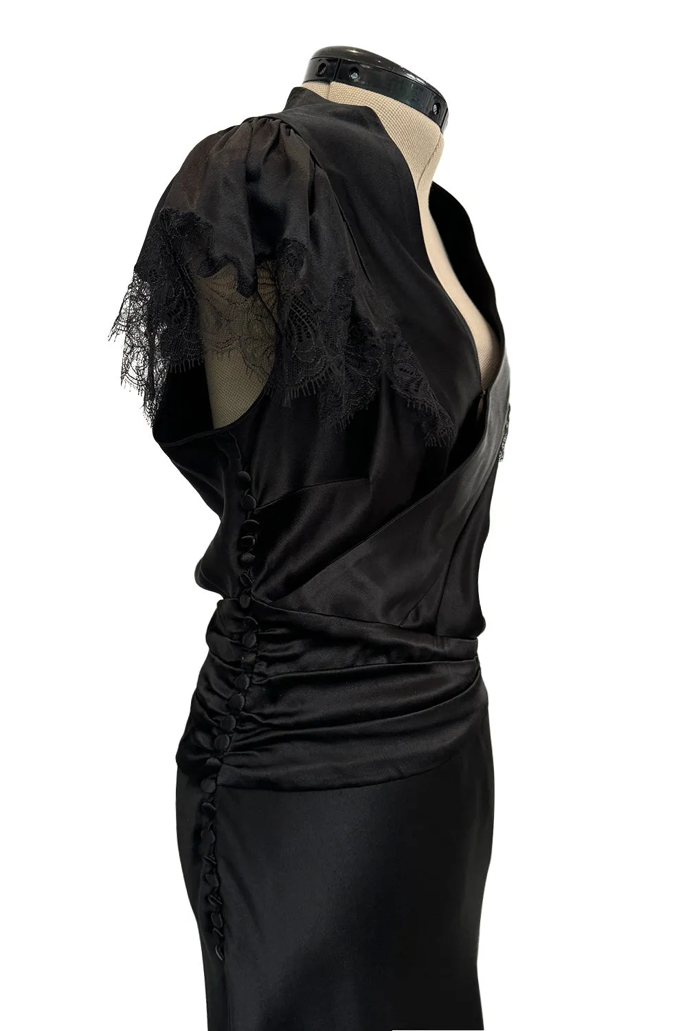 Iconic Fall 2005 John Galliano Black Silk Bias Cut Dress w Plunge Front & Lace Trimmed Cap Sleeves