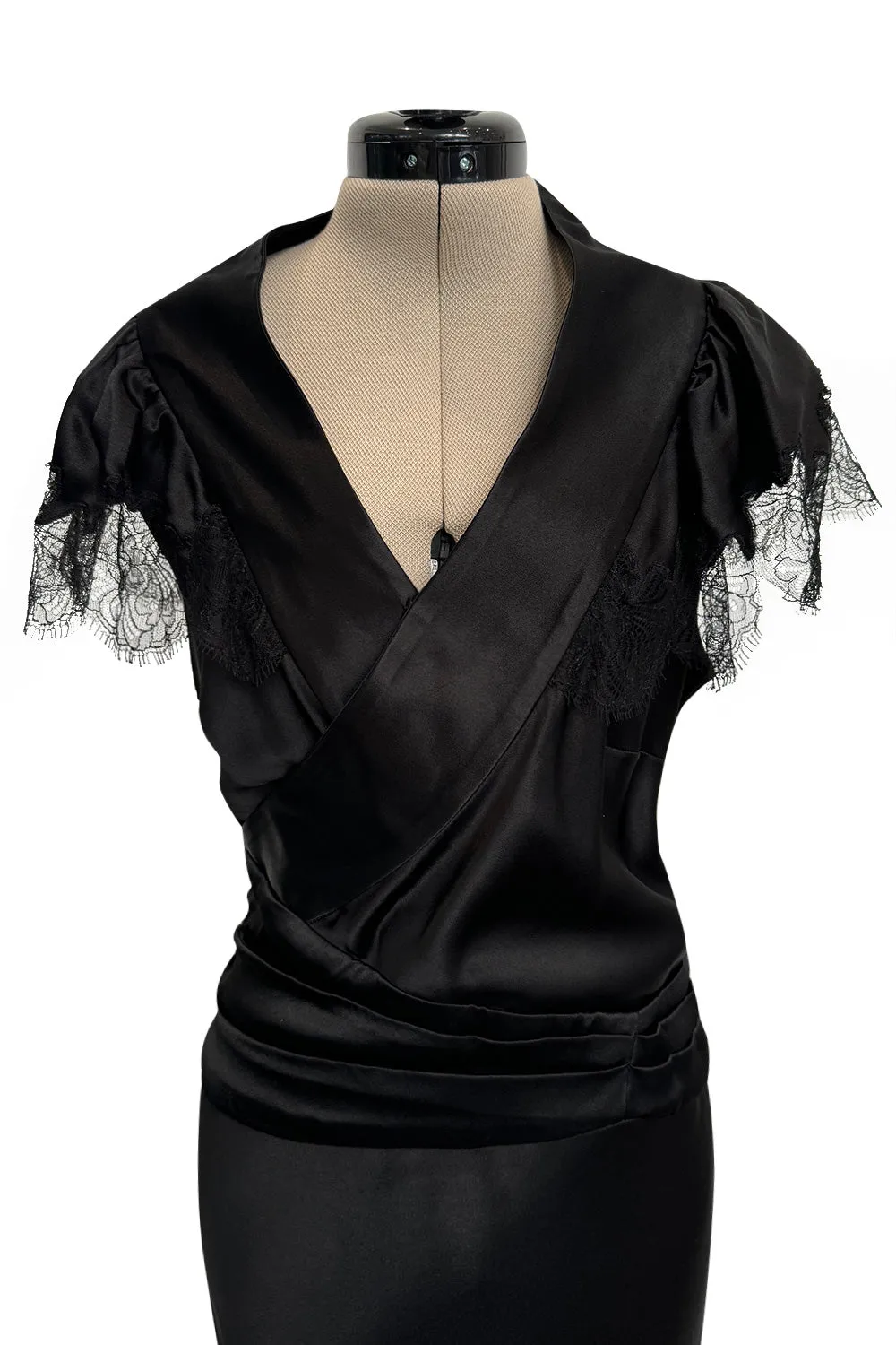Iconic Fall 2005 John Galliano Black Silk Bias Cut Dress w Plunge Front & Lace Trimmed Cap Sleeves