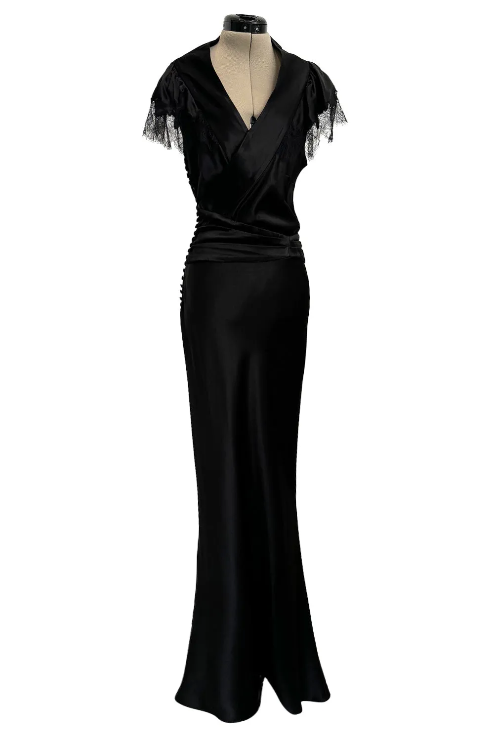 Iconic Fall 2005 John Galliano Black Silk Bias Cut Dress w Plunge Front & Lace Trimmed Cap Sleeves