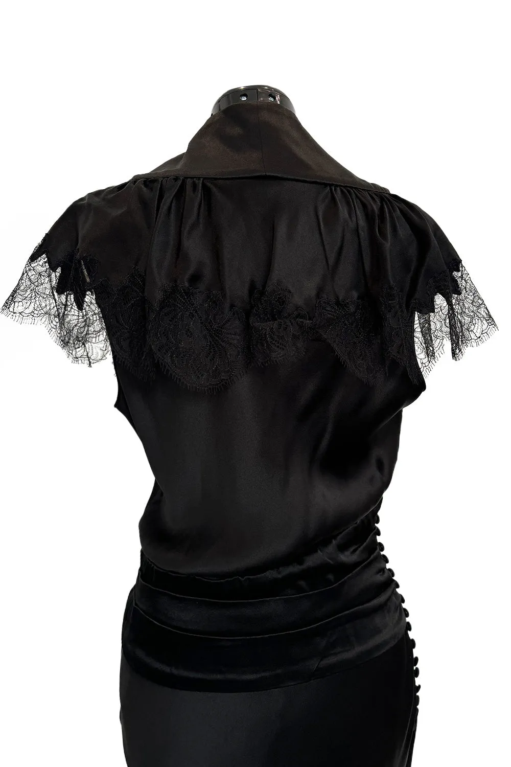 Iconic Fall 2005 John Galliano Black Silk Bias Cut Dress w Plunge Front & Lace Trimmed Cap Sleeves