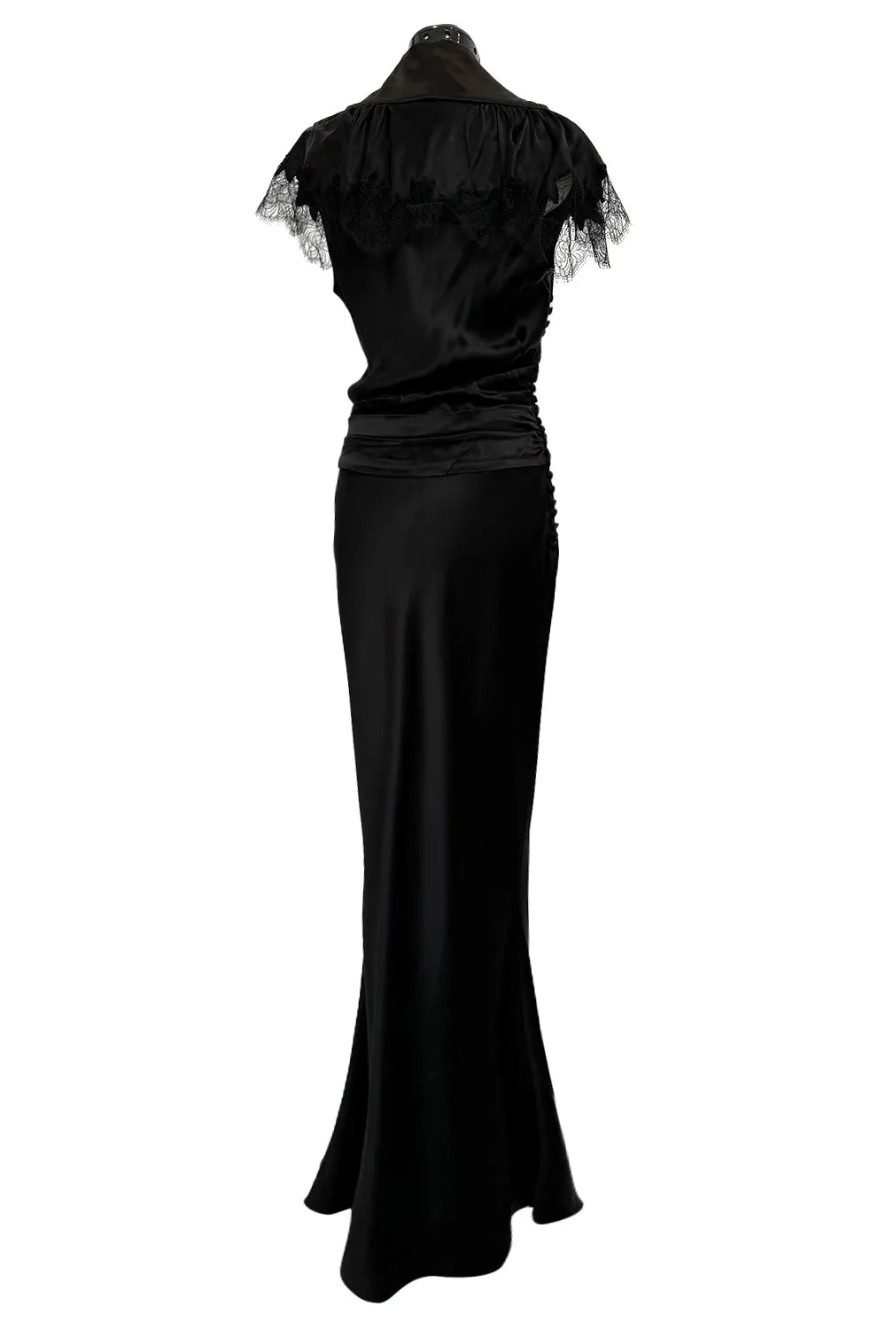 Iconic Fall 2005 John Galliano Black Silk Bias Cut Dress w Plunge Front & Lace Trimmed Cap Sleeves