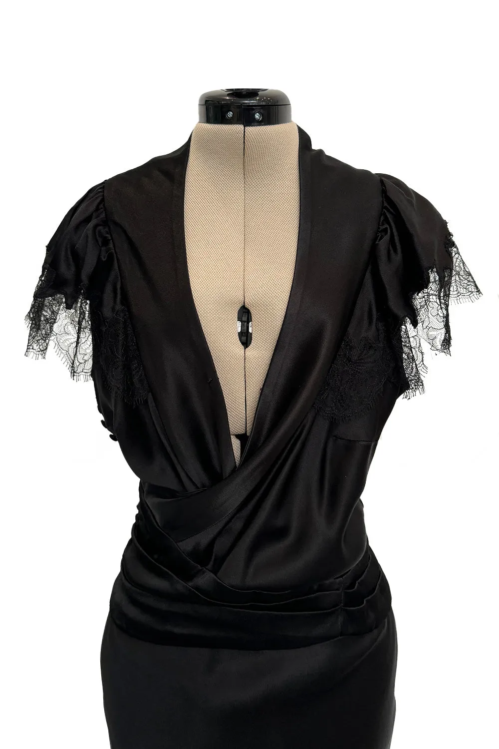 Iconic Fall 2005 John Galliano Black Silk Bias Cut Dress w Plunge Front & Lace Trimmed Cap Sleeves