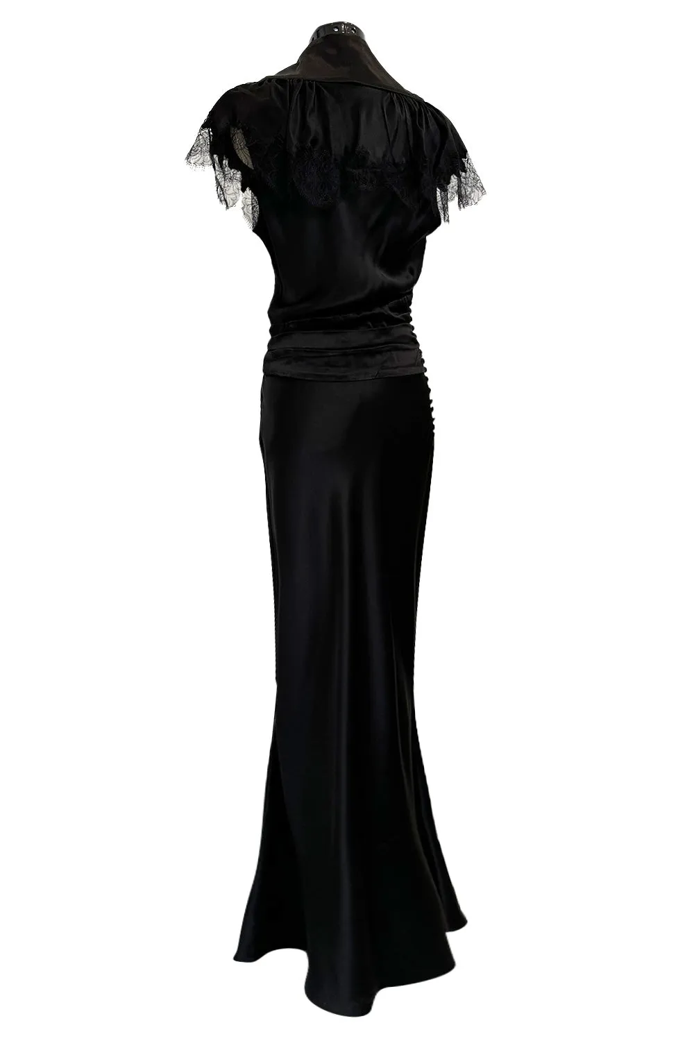 Iconic Fall 2005 John Galliano Black Silk Bias Cut Dress w Plunge Front & Lace Trimmed Cap Sleeves