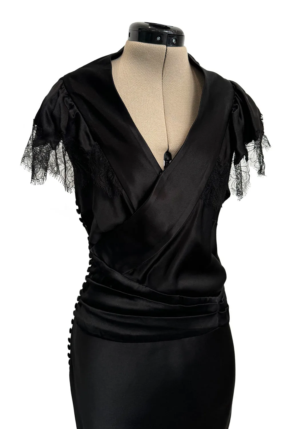 Iconic Fall 2005 John Galliano Black Silk Bias Cut Dress w Plunge Front & Lace Trimmed Cap Sleeves