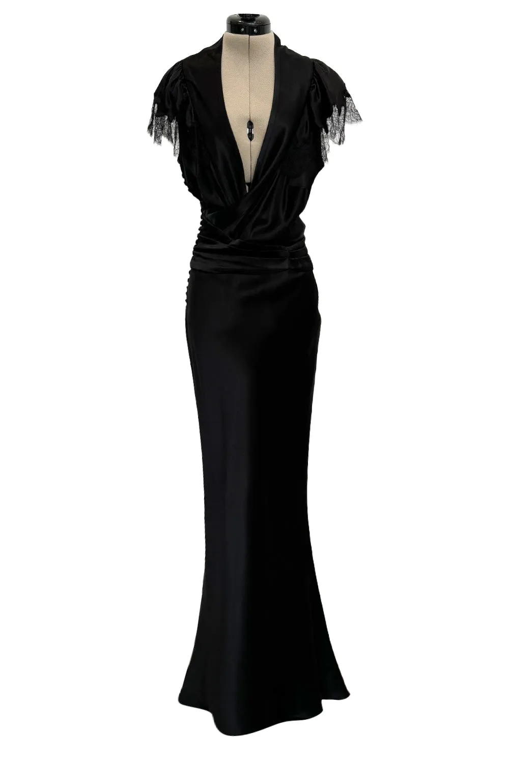 Iconic Fall 2005 John Galliano Black Silk Bias Cut Dress w Plunge Front & Lace Trimmed Cap Sleeves