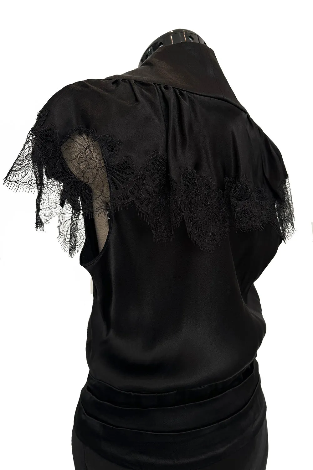 Iconic Fall 2005 John Galliano Black Silk Bias Cut Dress w Plunge Front & Lace Trimmed Cap Sleeves