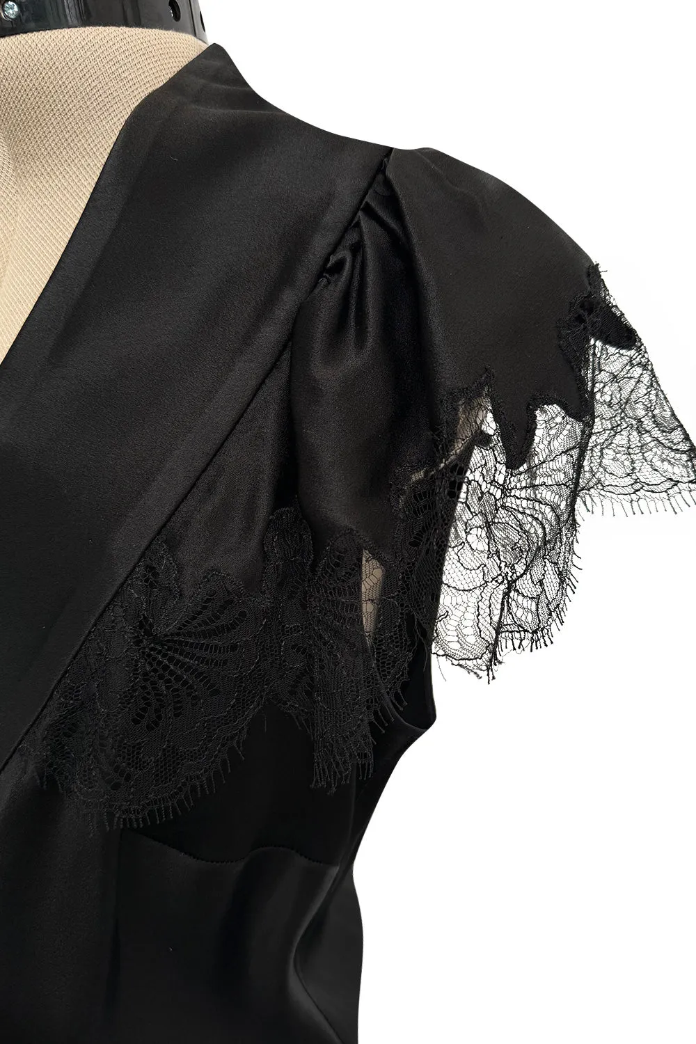 Iconic Fall 2005 John Galliano Black Silk Bias Cut Dress w Plunge Front & Lace Trimmed Cap Sleeves