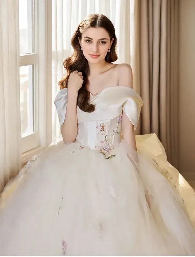 Iris - Colored Floral Embroidery lace off the shoulder ball gown wedding dress