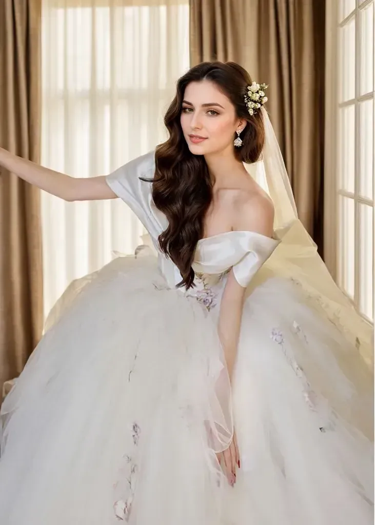 Iris - Colored Floral Embroidery lace off the shoulder ball gown wedding dress