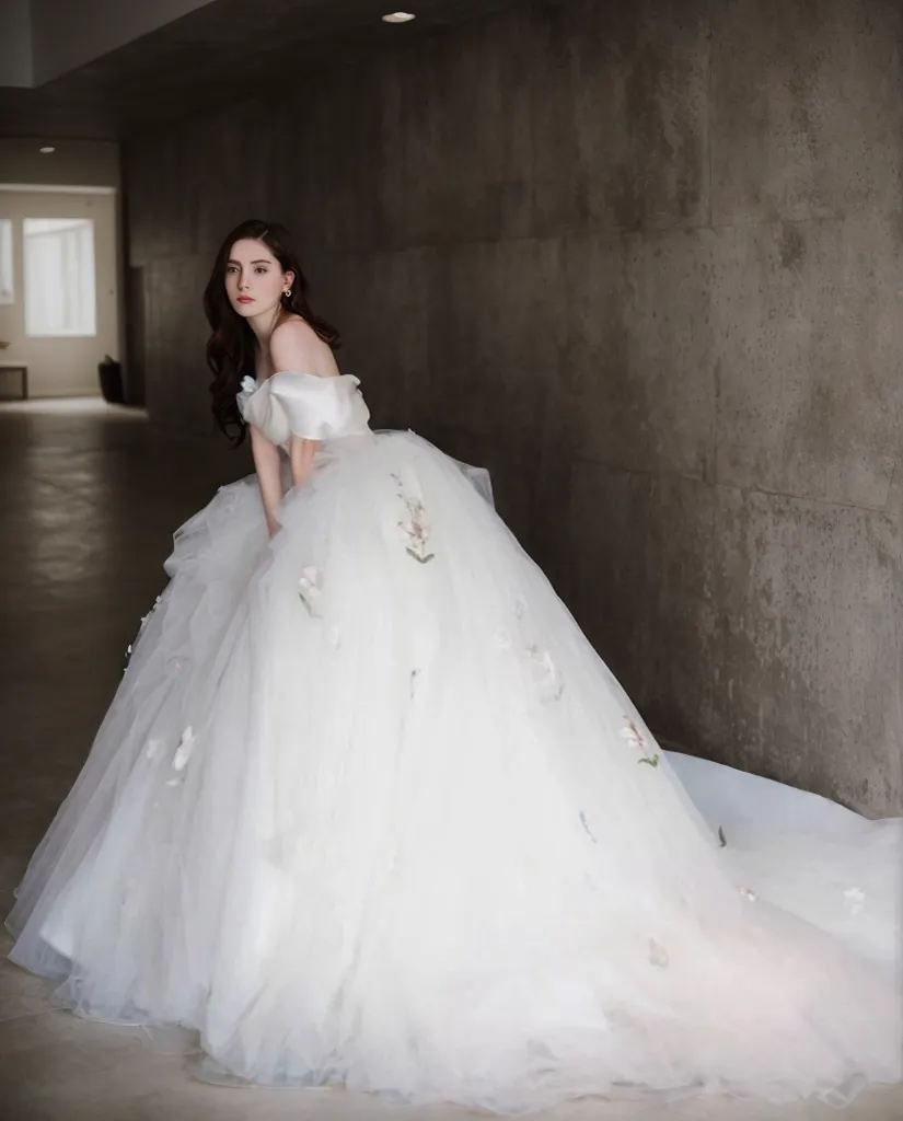 Iris - Colored Floral Embroidery lace off the shoulder ball gown wedding dress