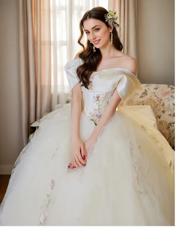Iris - Colored Floral Embroidery lace off the shoulder ball gown wedding dress