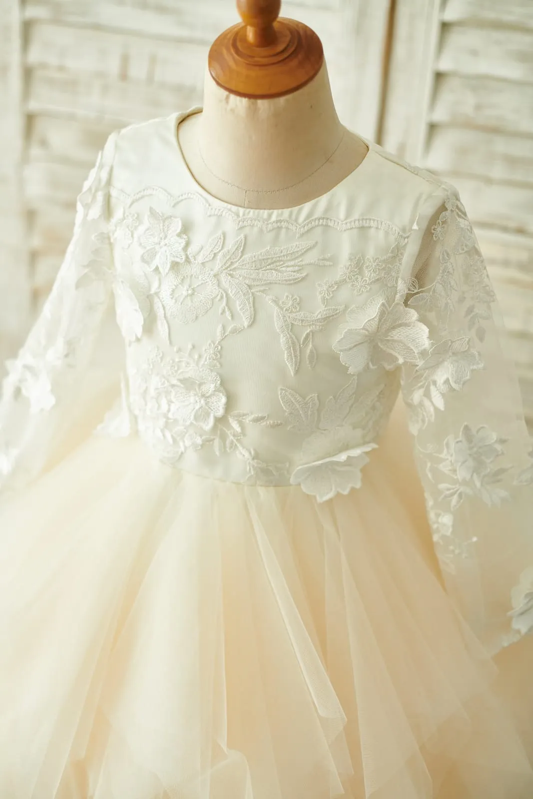 Ivory Lace Champagne Tulle Long Sleeves Wedding Flower Girl Dress