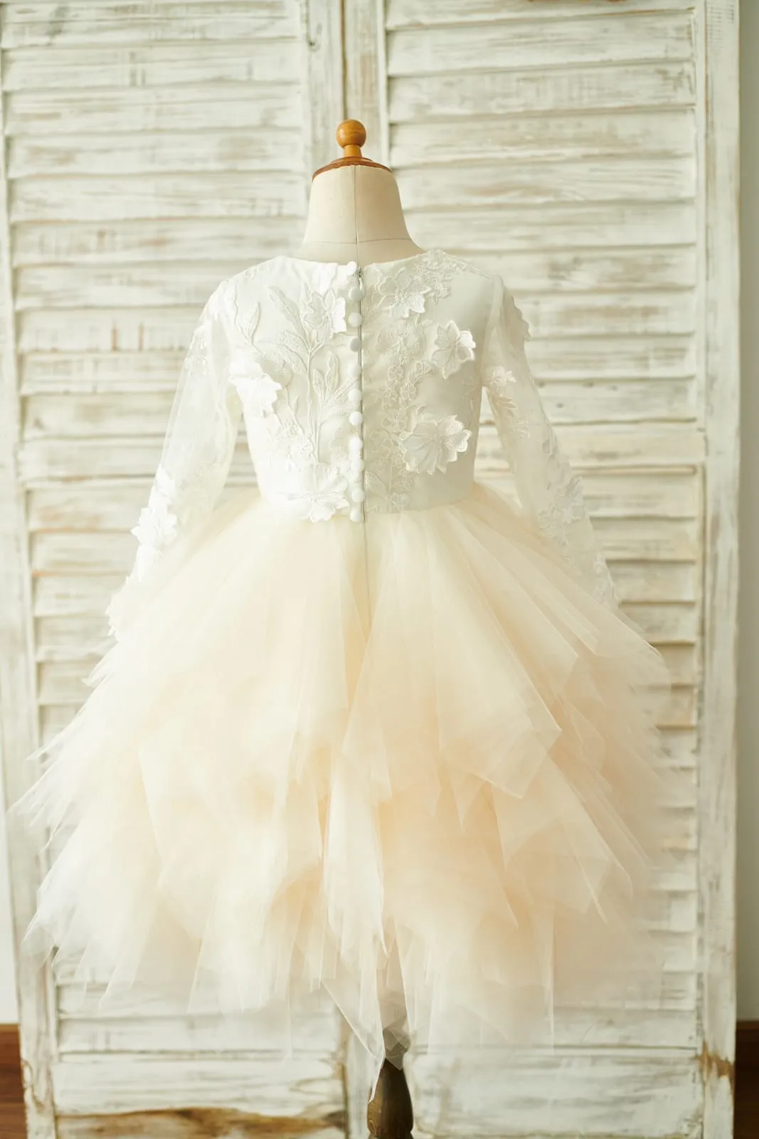 Ivory Lace Champagne Tulle Long Sleeves Wedding Flower Girl Dress