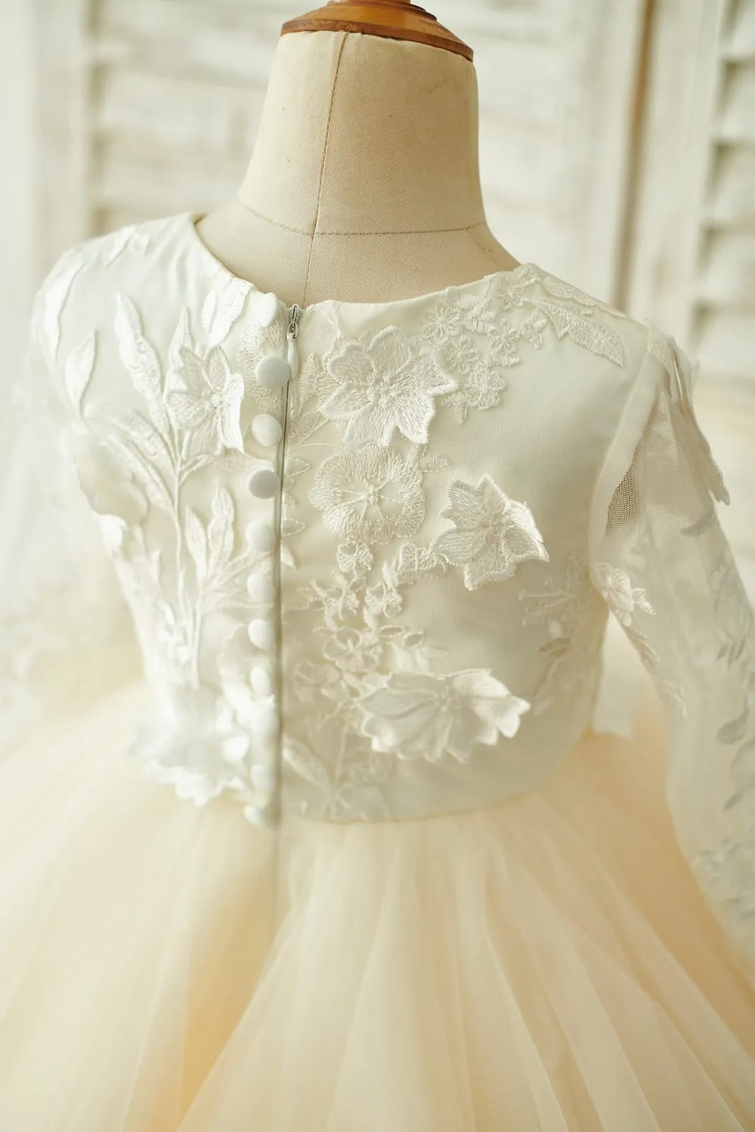 Ivory Lace Champagne Tulle Long Sleeves Wedding Flower Girl Dress