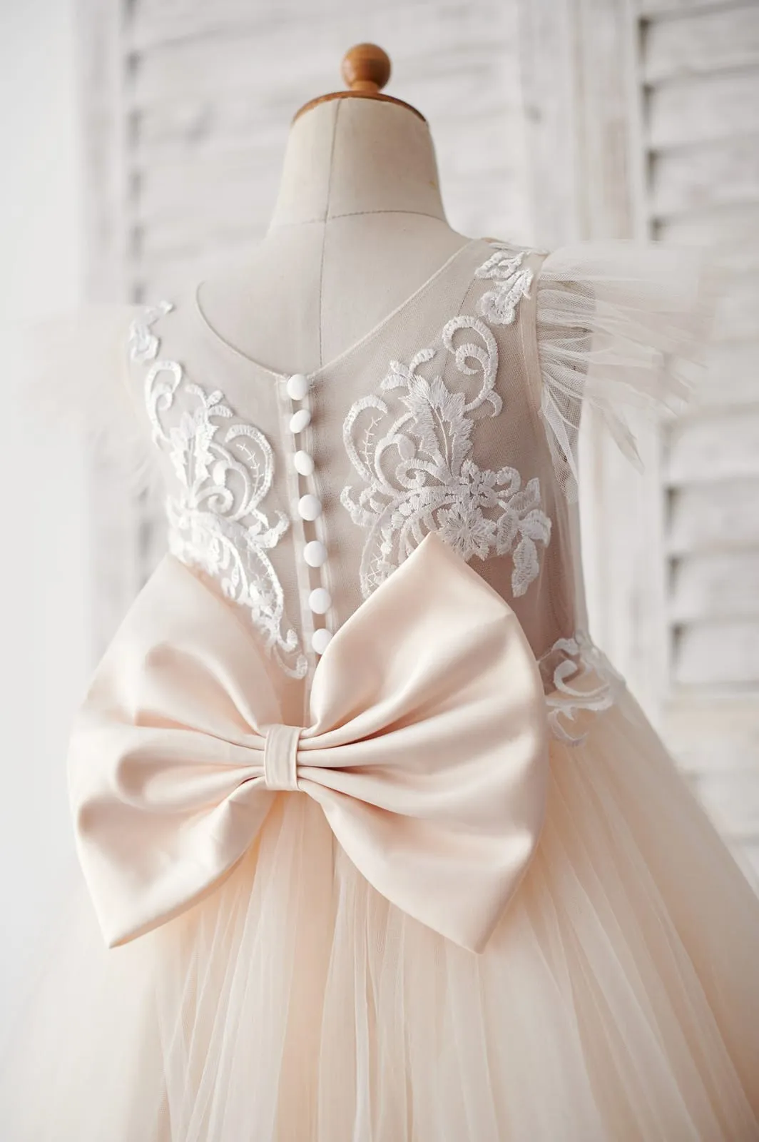 Ivory Lace Champagne tulle Ruffle Sleeves Sheer Back Wedding Flower Girl Dress