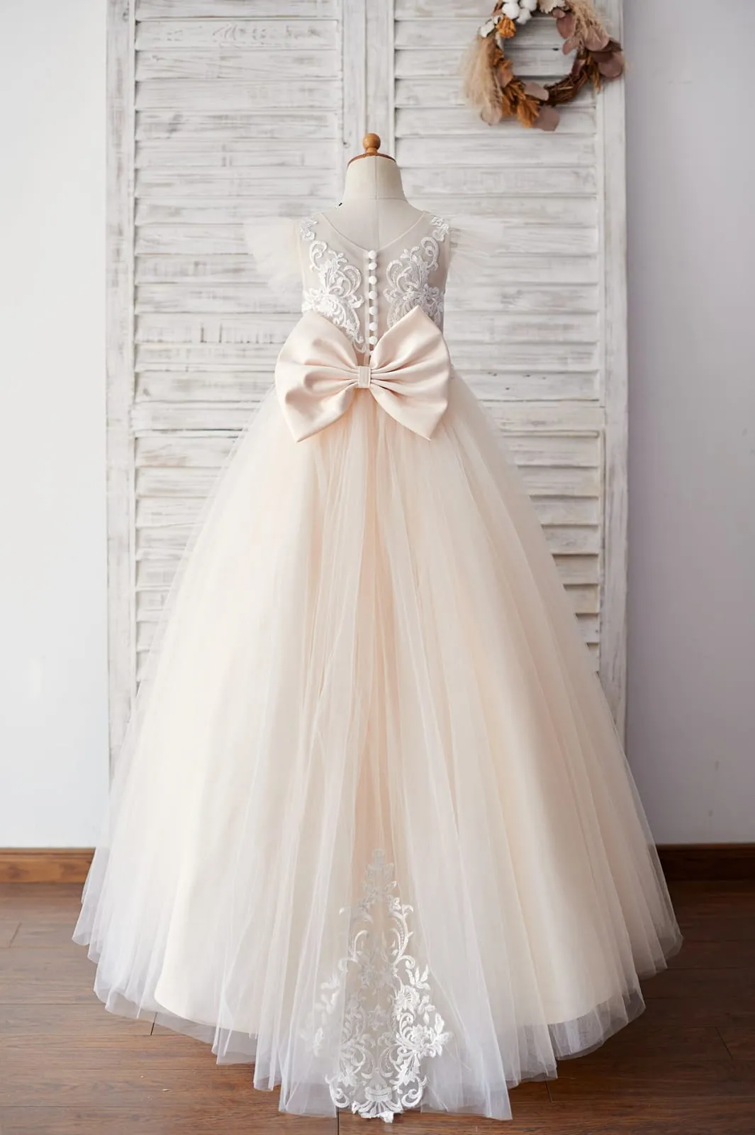 Ivory Lace Champagne tulle Ruffle Sleeves Sheer Back Wedding Flower Girl Dress