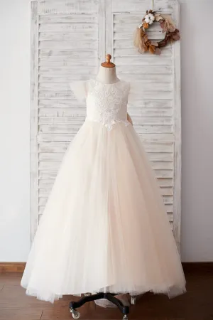 Ivory Lace Champagne tulle Ruffle Sleeves Sheer Back Wedding Flower Girl Dress