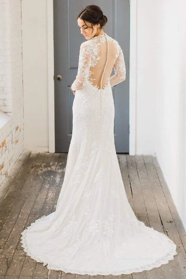 Ivory Lace Sheath V-neck Long Sleeves Wedding Dresses, Bridal Gown, MW610