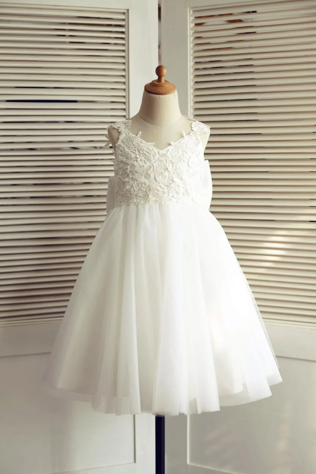Ivory Lace Tulle Backless Straps Wedding Flower Girl Dress, Big Bow