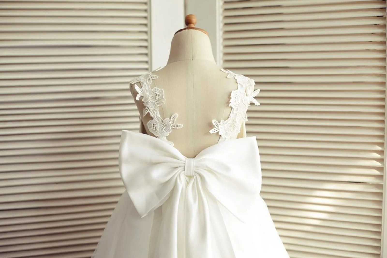 Ivory Lace Tulle Backless Straps Wedding Flower Girl Dress, Big Bow
