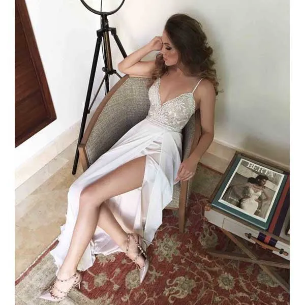 Ivory Sexy Side Split Unique Lace Long Cheap Prom Dresses, BG51512