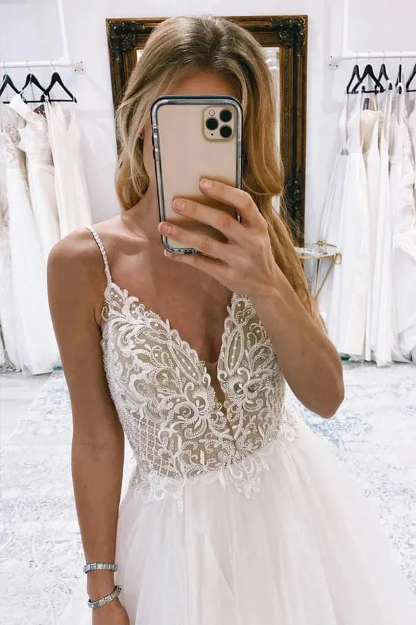 Ivory Tulle A Line Backless Spaghetti Straps Wedding Dresses With Lace, SW704