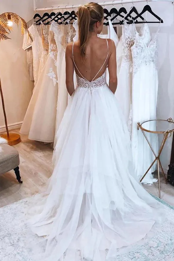 Ivory Tulle A Line Backless Spaghetti Straps Wedding Dresses With Lace, SW704