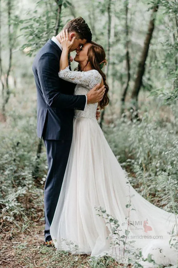 Ivory Tulle Lace A-line V-neck Half Sleeves Wedding Dresses With Train, SW376