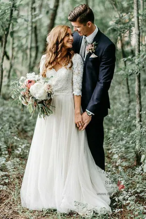 Ivory Tulle Lace A-line V-neck Half Sleeves Wedding Dresses With Train, SW376