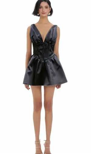Jeanne black V-neck flared mini dress