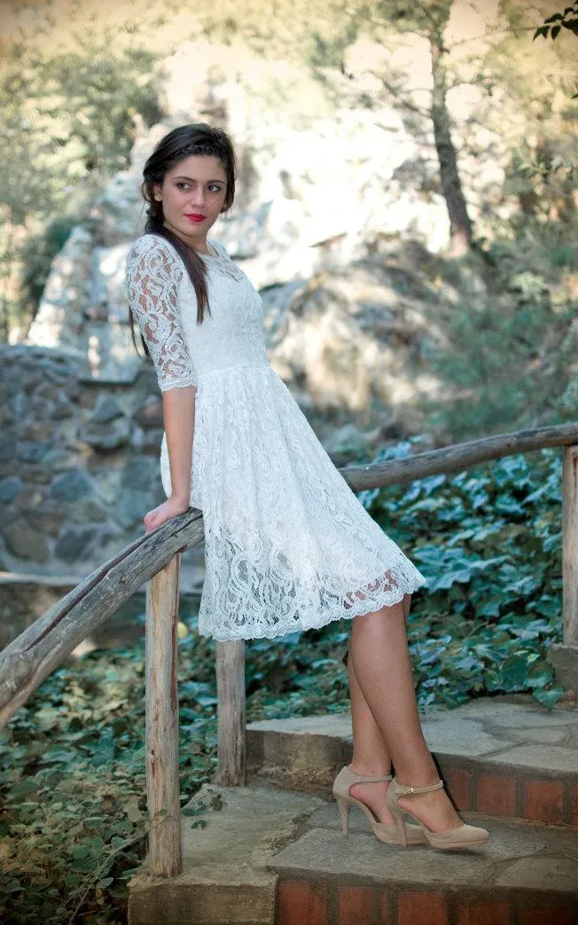 Jewel Half Illusion Sleeve A-Line Anckle-Length Lace Wedding Dress-711026