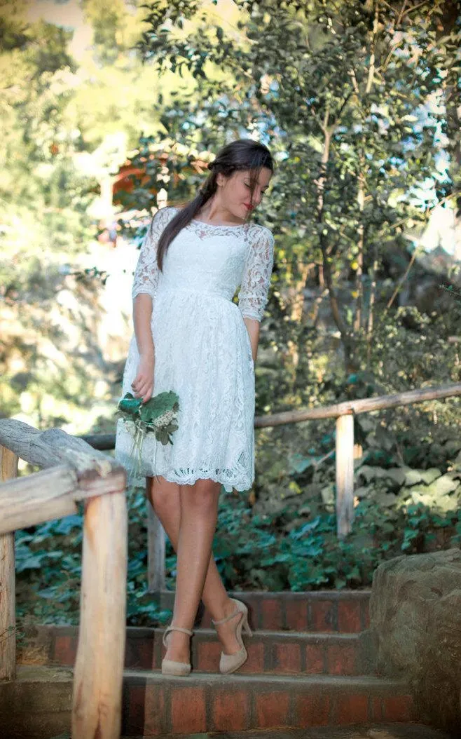 Jewel Half Illusion Sleeve A-Line Anckle-Length Lace Wedding Dress-711026