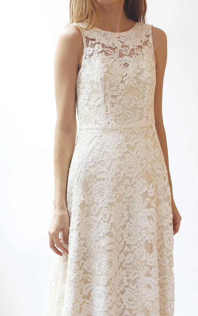 Jewel Neck A-Line Sleeveless Lace Dress With Low-V Back - ET_711289