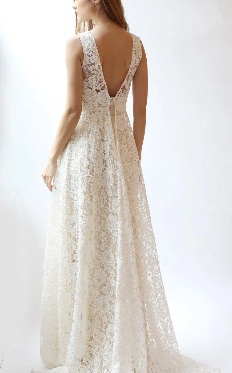 Jewel Neck A-Line Sleeveless Lace Dress With Low-V Back - ET_711289