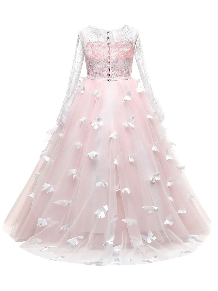 Jewel Neck Long Sleeves Butterfly Formal Kids Princess flower girl dress