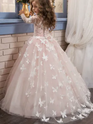 Jewel Neck Long Sleeves Butterfly Formal Kids Princess flower girl dress