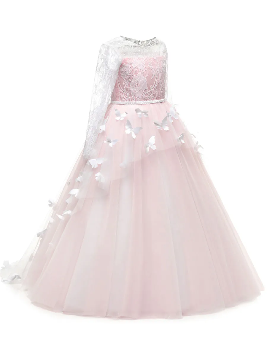 Jewel Neck Long Sleeves Butterfly Formal Kids Princess flower girl dress