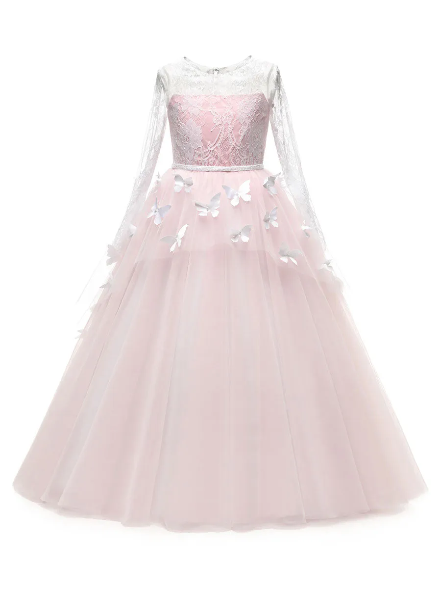 Jewel Neck Long Sleeves Butterfly Formal Kids Princess flower girl dress