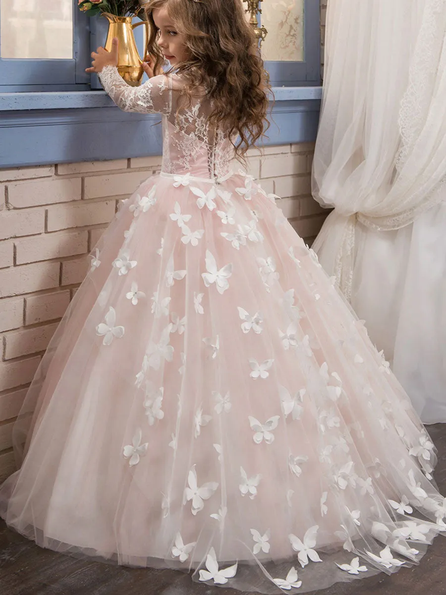 Jewel Neck Long Sleeves Butterfly Formal Kids Princess flower girl dress