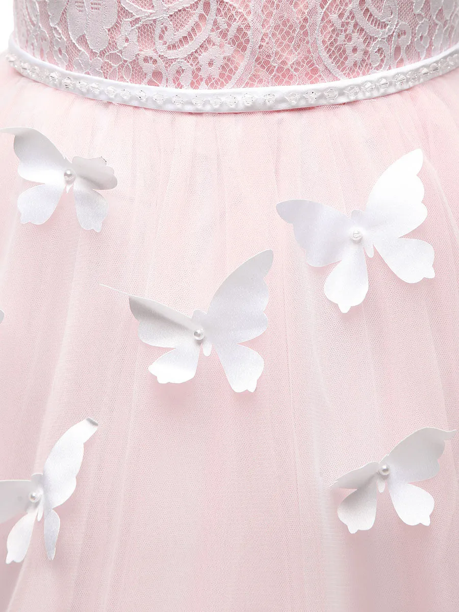 Jewel Neck Long Sleeves Butterfly Formal Kids Princess flower girl dress