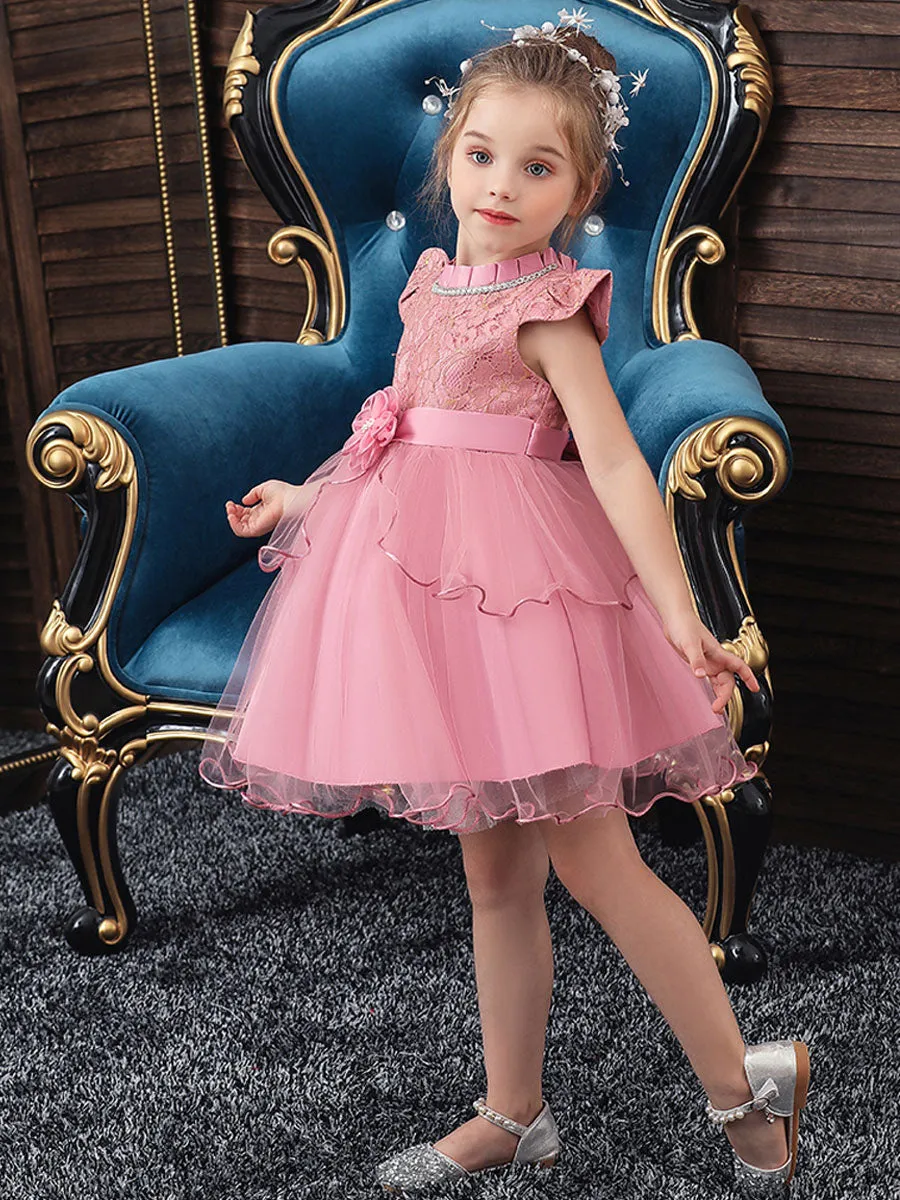Jewel Neck Polyester Cotton Sleeveless Short Princess Beaded Kids Party Dresses