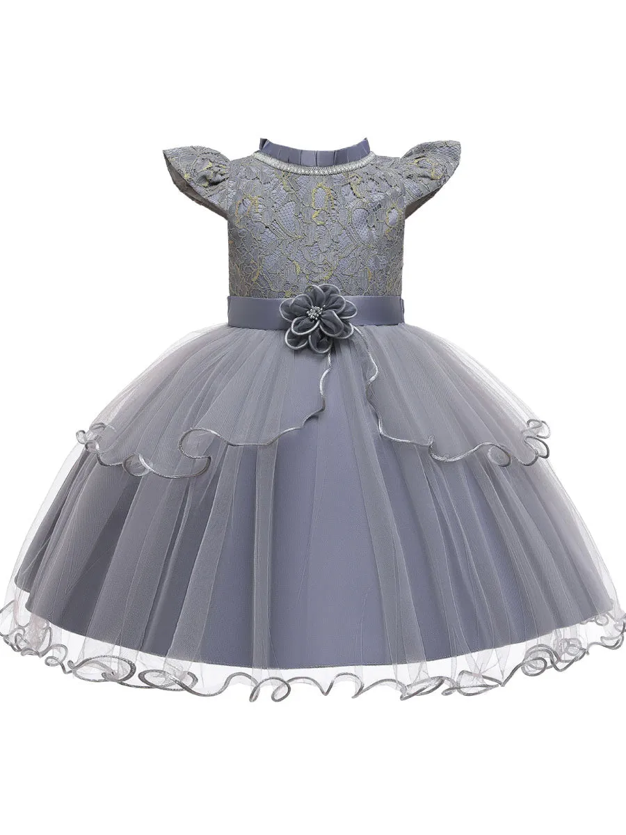 Jewel Neck Polyester Cotton Sleeveless Short Princess Beaded Kids Party Dresses