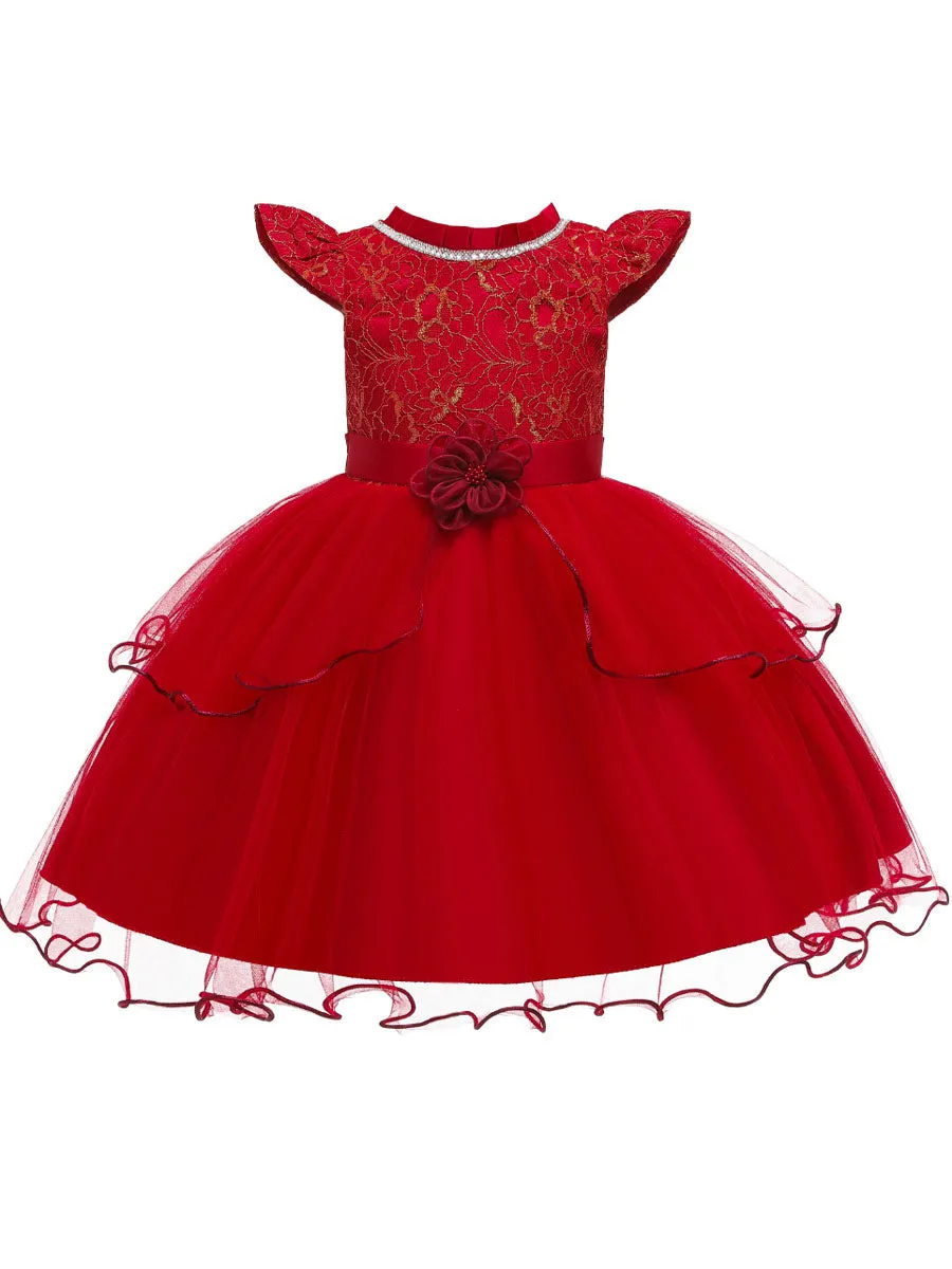 Jewel Neck Polyester Cotton Sleeveless Short Princess Beaded Kids Party Dresses