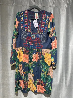 Johnny Was Navy Long Sleeve Floral Silk Dress with Embroidered Flowers