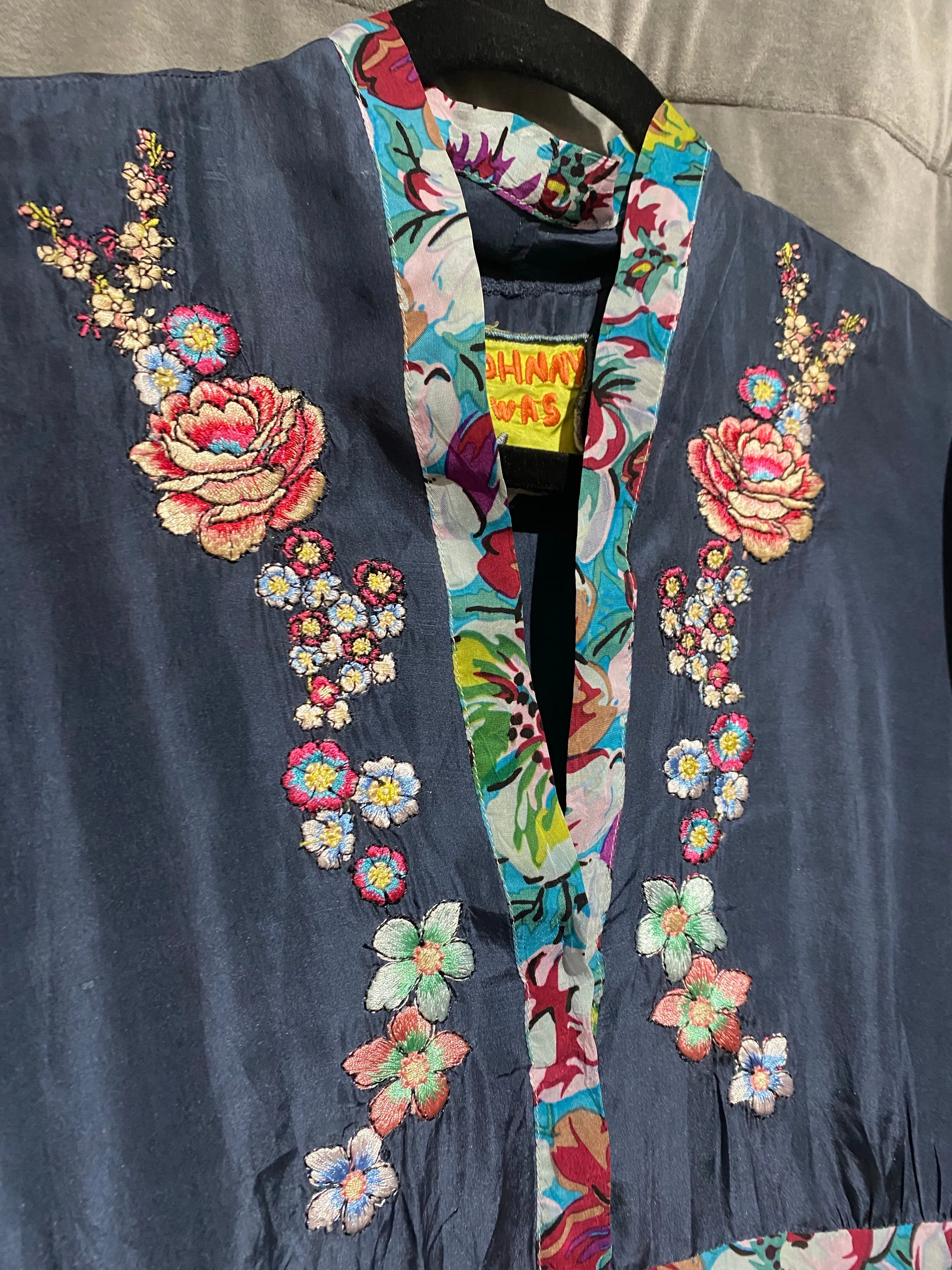 Johnny Was Navy Long Sleeve Floral Silk Dress with Embroidered Flowers